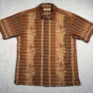 Tommy Bahama 100% Silk Camp Shirt Medium Brown‎ Plaid Pineapple Short Sleeve